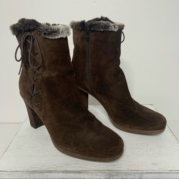 Stuart Weitzman Brown Suede Faux Fur Trim Lace Up Zip Up Ankle Boots - Picture 11 of 16